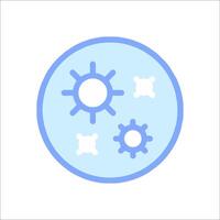 A blue and white icon with gears and sun vector