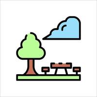 A line drawing of a park with a tree and bench vector