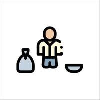 A man is standing next to a bag and a bowl vector