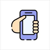Hand holding a smartphone icon on a white background vector