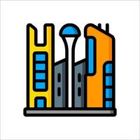 A city skyline with buildings and a tower vector