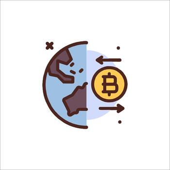 Bitcoin icon with globe and arrow vector