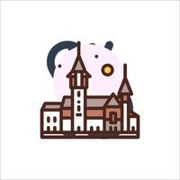 A church with a clock tower and a moon in the background vector