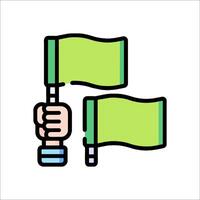 Two hands holding green flags in a line vector