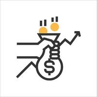 A hand holding a bag with money in it and an arrow pointing up vector