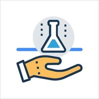 A hand holding a flask with a blue and yellow outline vector