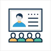 A group of people are standing around a screen with a person on it vector