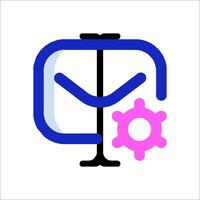 A blue and pink icon with gears and a clock vector