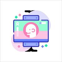 A person is looking at a computer screen with a person's face on it vector