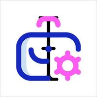 A blue and pink logo with gears and a clock vector