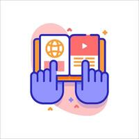 Hands holding a book with a globe on it vector