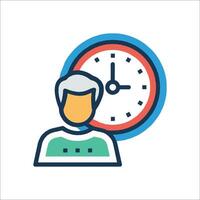 A man is standing in front of a clock icon vector