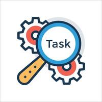 Task icon with magnifying glass and gears vector