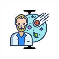 A man in a lab coat is looking at a space object vector