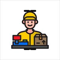 A man in a yellow hat and hard hat is holding a box vector
