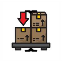 A cart with boxes on it and an arrow pointing down vector