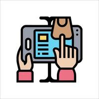 A hand holding a tablet with a phone in the other hand vector