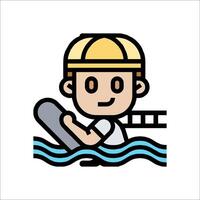 A cartoon man in a hard hat and hat is holding a surfboard vector