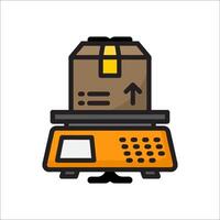 A box on a scale with a yellow arrow pointing up vector