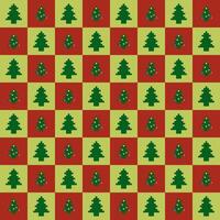 Seamless Christmas Pixel Art Pattern with Green Christmas Trees on Red and Yellow Checkered Background - Perfect for Nordic and Scandinavian Winter Holiday Wrapping Paper, Sweaters, Fabric, Home Decor vector