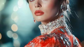 Dynamic close up of model in high fashion couture, featuring bold and intricate designs. video