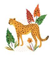 Bold and dynamic illustration featuring a majestic cheetah surrounded by lush tropical leaves. vector