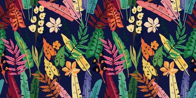 A vibrant and dynamic pattern featuring abstract tropical leaves in a modern style on dark background. vector