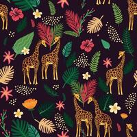 A seamless tropical pattern featuring giraffes and exotic leaves on dark background. Perfect for summer-themed designs. vector