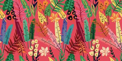 A vibrant and dynamic pattern featuring abstract tropical leaves in a modern style on pink background.. vector