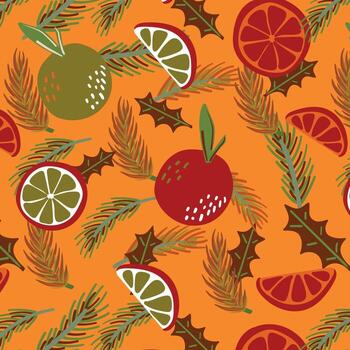 A pattern with oranges, holly leaves and fir branches on an orange background vector
