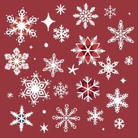 A set of hand-drawn snowflakes, perfect for winter designs. Isolated on a red background. vector