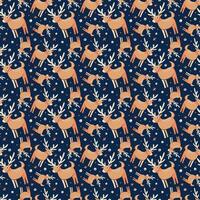 Seamless hand-drawn pattern with forest animal deer on dark background. Scandinavian design style. vector