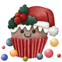 Adorable Christmas themed cupcakes with smiling faces. Decorate with holly leaves and berries on top. He wore a red Santa hat trimmed with white fur. and surrounded by colorful ornaments and sparkles. png