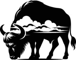 African Buffalo Silhouette with Head Lowered on White Background vector