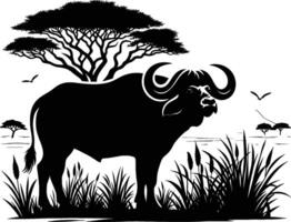 African Buffalo With Tree Silhouette on Crisp White Background vector