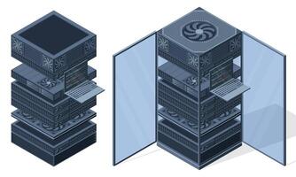 Isometric server. Server racks. Server boxes isolated. Network server room. Computer network technology. illustration vector