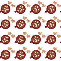 Red mug with cocoa and marshmallows, and two heart cookies next to it. Top view. Seamless pattern. vector