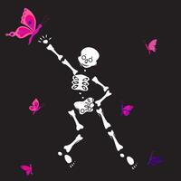 A cute skeleton dances and reaches out to a big butterfly. vector