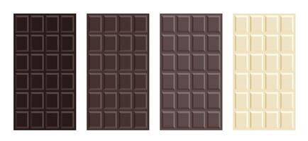 Dark, milk, white chocolate bar set. Tiles of different chocolate isolated on white background. Flat design vector