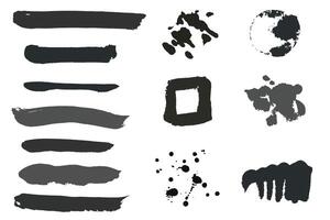 Dark paint brush strokes and splashes set. Monochrome design elements each isolated on white background. vector