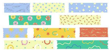 Washi tapes big collection. Set of colourful scrapbook stripes or sticky label tags, isolated on white background. Trendy abstract patterned decorative scotch tape designs. vector