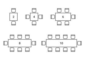 Set of plan for arranging place seats for guest in interior, layout graphic outline. Chairs and tables icons in scheme architectural plan. Office and home furniture, top view. line illustration vector