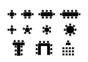 Set of plan for arranging place seats for guest in interior, layout graphic black elements. Chairs and tables icons in scheme architectural plan. Office and home furniture, top view illustration vector