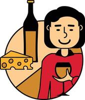 Man enjoying white wine and French cheese in a cafe cartoon illustration. vector