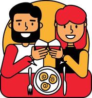 A loving couple on a date in a restaurant drinks wine and eats snails cartoon illustration vector