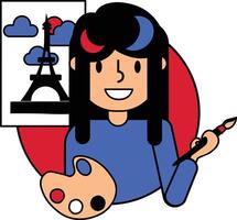 Woman paints with a brush an image of a French landscape with the Eiffel Tower outdoor cartoon illustration vector