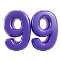 Number ninety nine rendered in a three dimensional style with a glossy purple finish on transparent background. png