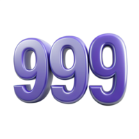 the number of 999 is isolated on transparent background in three dimensional shape and presented in a bold, purple hue. png