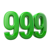Close up of the number triple nine is rendered in a three dimensional style. The number is a bright, vibrant green and is isolated against transparent background. png