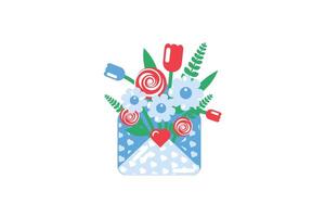Charming bouquet blooming out from an envelope in solid cartoon style vector